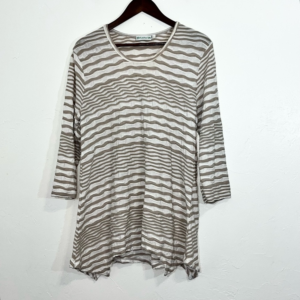 Lulu-B Tan Cream Wavy Textured Stripe Tunic Top Lagenlook Coastal L